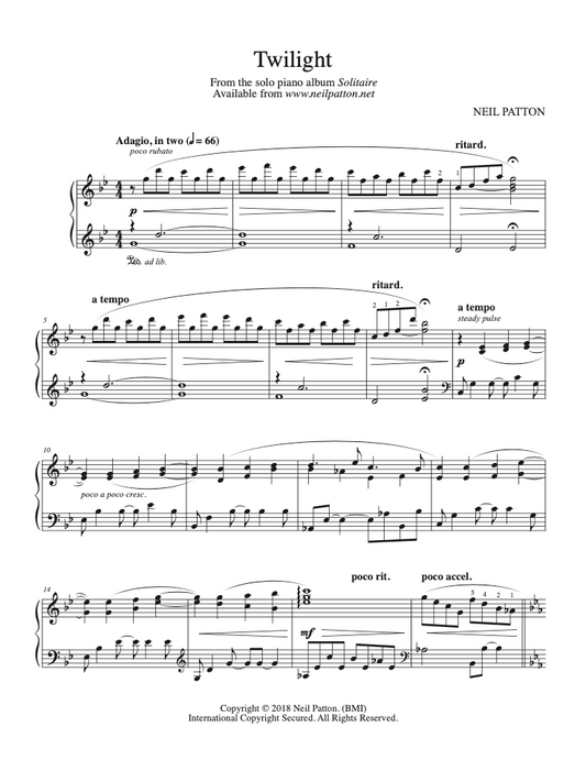First page of sheet music for the piano piece, Twilight, from the Neil Patton album, Solitaire.