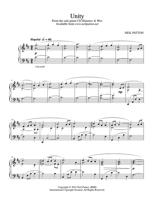 First page of sheet music for the piano piece, Unity, from the Neil Patton album, Hammer & Wire.