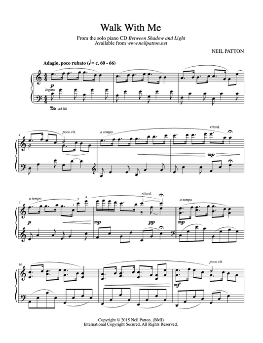 First page of the sheet music for the piano piece, Walk With Me, from the Neil Patton album, Between Shadow and Light.