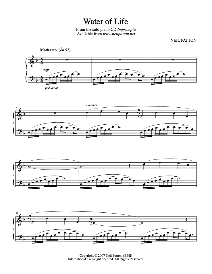 First page of the sheet music for the piano piece, Water of Life, from the Neil Patton album, Impromptu.
