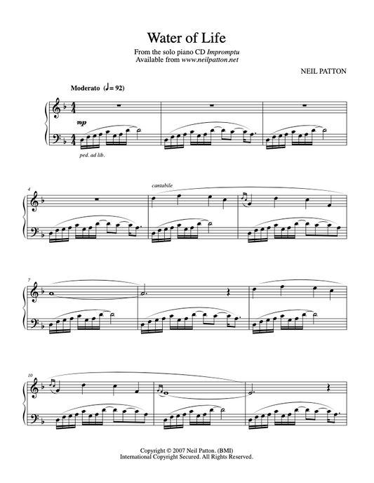 First page of the sheet music for the piano piece, Water of Life, from the Neil Patton album, Impromptu.