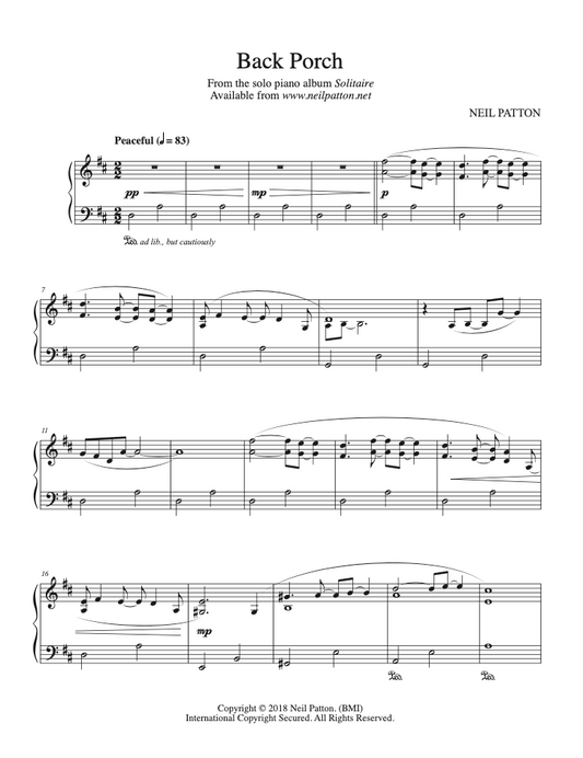 First page of sheet music for the piano piece, Back Porch, from the Neil Patton album, Solitaire.