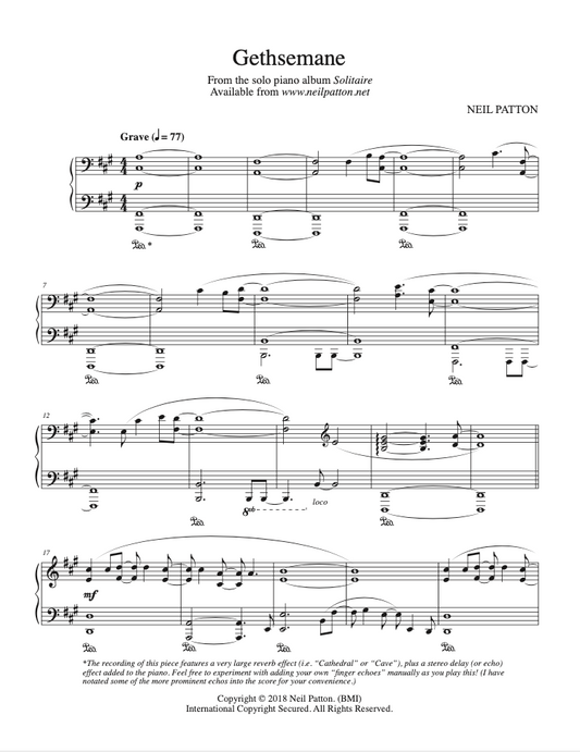 First page of sheet music for the piano piece, Gethsemane, from the Neil Patton album, Solitaire.