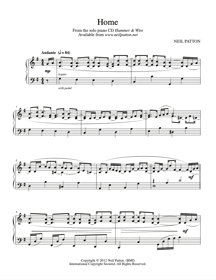 First page of the sheet music for the piano piece, Home, from the Neil Patton album, Hammer & Wire.