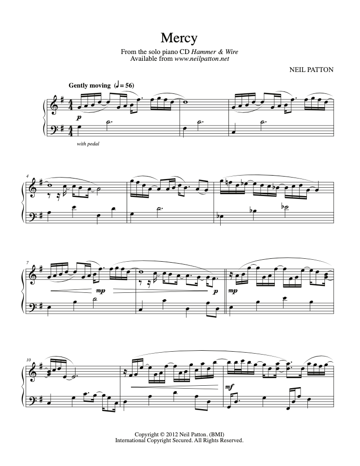 First page of sheet music for the piano piece, Mercy, from the Neil Patton album, Hammer & Wire.