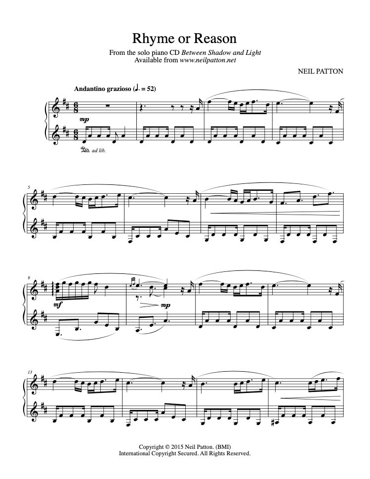 First page of sheet music for the piano piece, Rhyme or Reason, from the Neil Patton album, Between Shadow and Light.