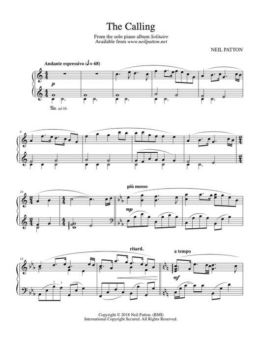 First page of sheet music for the piano piece, The Calling, from the Neil Patton album, Solitaire.