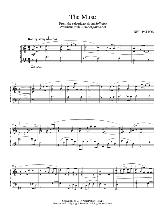 First page of sheet music for the piano piece, The Muse, from the Neil Patton album, Solitaire.