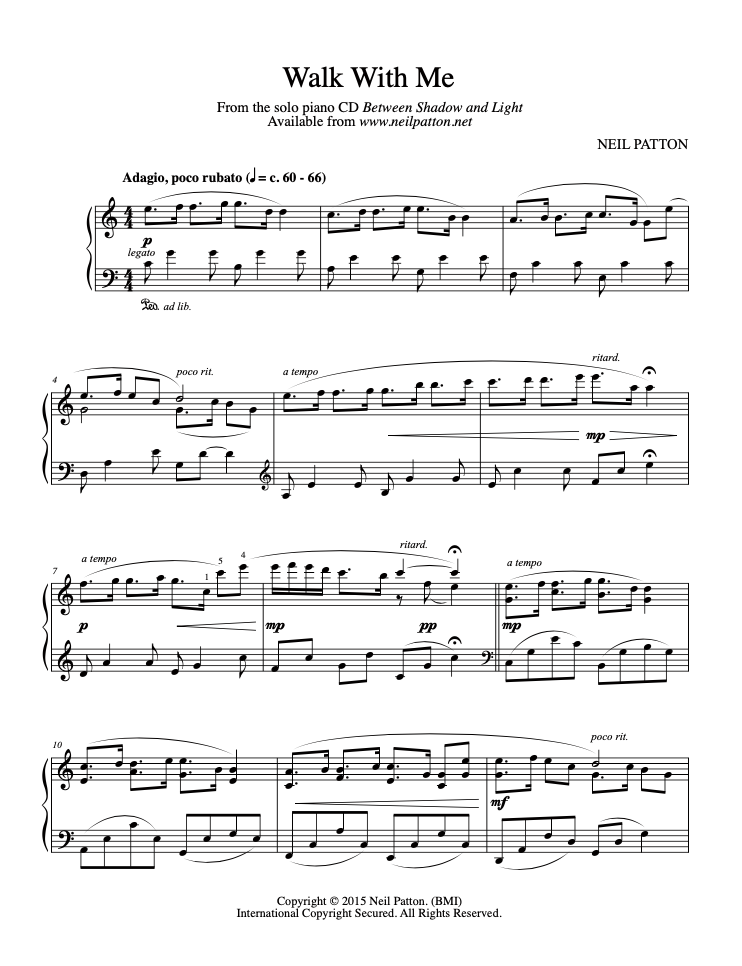 First page of the sheet music for the piano piece, Walk With Me, from the Neil Patton album, Between Shadow and Light.