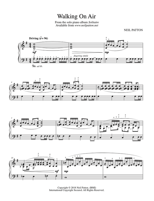 First page of the sheet music for the piano piece, Walking On Air, from the Neil Patton album, Solitaire.